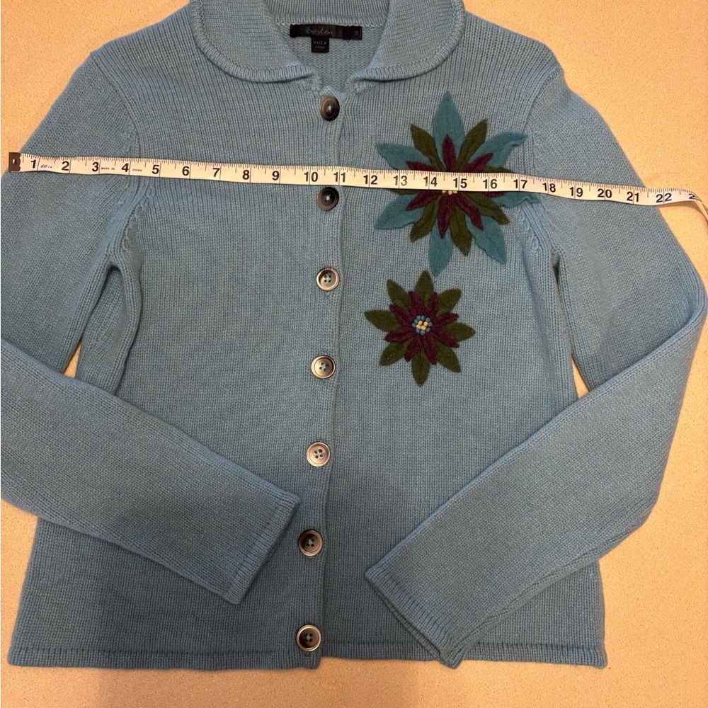 Boden Light Blue Button-Up Cardigan with Floral Appliqué